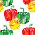 Watercolor seamless pattern with yellow red and green bell pepper. Royalty Free Stock Photo