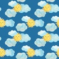 Watercolor seamless pattern of yellow sun and clouds. Cartoon style illustration Royalty Free Stock Photo