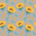 Watercolor seamless pattern with yellow sunflowers on a gray background. Autumn and botanical hand painted print Royalty Free Stock Photo