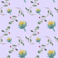 Watercolor seamless pattern with yellow sunflowers and red lingonberries on purple Royalty Free Stock Photo