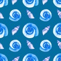 Watercolor seamless patterns with blue seashells on a blue background. Perfect for postcards, patterns, banners, posters, nautical