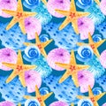 Watercolor seamless patterns hand-drawn with blue seashells and orange starfish on a blue background. Perfect for postcards, Royalty Free Stock Photo