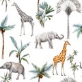 Watercolor seamless patterns with safari animals and palm trees. Elephant giraffe.