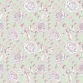 Watercolor seamless patterns with white roses, green leaves in a pastel palette in vintage style for wedding Royalty Free Stock Photo