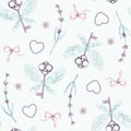 Watercolor seamless Provence pattern . Wings key, brooch, Lavander flowers, heart, pendant, pearls, bow, ribbon. For