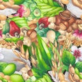 Watercolor seamless puttern of the coconuts, soy, rice, oats, hazelnuts, cashews and almonds Royalty Free Stock Photo