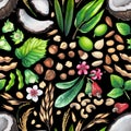 Watercolor seamless puttern of the coconuts, soy, rice, oats, hazelnuts, cashews and almonds Royalty Free Stock Photo