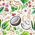 Watercolor seamless puttern of the coconuts, soy, rice, oats, hazelnuts, cashews and almonds Royalty Free Stock Photo