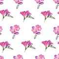 Watercolor. Seamless repeat pattern. Pink purple exotic flower with buds. Watercolor illustration of freesia, hand-drawn Royalty Free Stock Photo