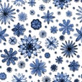 Watercolor seamless romantic mandala abstract flowers indigo blue floral pattern on white background Royalty Free Stock Photo