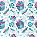 Watercolor seamless romantic pattern in mint, pink and turquoise colors with watercolor and lineart elements Royalty Free Stock Photo