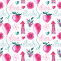 Watercolor seamless romantic pattern in pink and mint colors with watercolor and lineart elements