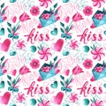 Watercolor seamless romantic pattern in pink and turquoise colors with watercolor and lineart elements