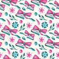 Watercolor seamless romantic pattern in pink and turquoise colors with ribbons and bows, flowers and leaves