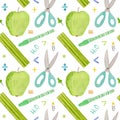 Watercolor seamless school pattern with pen, apple, mathemathic symbols, scissors on white background. Royalty Free Stock Photo