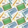 Watercolor school pattern with pencil, glue, mathemathic symbols, books, ruler, green chalkboard on white background. Royalty Free Stock Photo