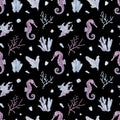 Watercolor seamless seahorse and seaweed pattern. Purple underwater background