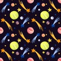 Watercolor seamless space pattern with stars, colorful planets on a dark background. Pattern for products for children.