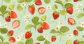 Watercolor Seamless Strawberry pattern with flowers, wild berries, leaves. Vector background texture Royalty Free Stock Photo