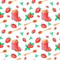 Watercolor seamless summer berries pattern with ripe mature juicy red strawberries and marmelade jam