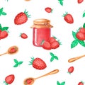 Watercolor seamless summer berries pattern with ripe mature juicy red strawberries and marmelade jam