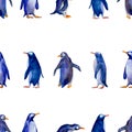 Watercolor seamless tile of different blue penguins