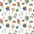 Watercolor seamless travel pattern with airplane, suitcase, signpost, globe, camera, bag, backpack, passport and tickets. Royalty Free Stock Photo