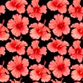 Watercolor seamless tropical floral pattern. Red hibiscus and palm leaves on black background. Hand drawn watercolor seamless Royalty Free Stock Photo