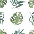 Watercolor seamless tropical leaves pattern. Foliage digital paper. Exotic floral wrapping paper.Monstera leaf, banana leaves