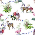 Watercolor seamless tropical pattern of alpaca, ostrich and cartoon llama with pasque-flower, peony, succulents, orchids.