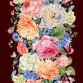 Watercolor seamless vertical border with blooming peonies, roses Royalty Free Stock Photo