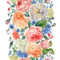 Watercolor seamless vertical border with blooming peonies, roses Royalty Free Stock Photo