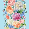 Watercolor seamless vertical border with blooming peonies, roses Royalty Free Stock Photo