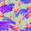 Watercolor seamless vintage background with a floral pattern, a branch of a rose flower, tulip, leaves, lavender, wild flower Royalty Free Stock Photo