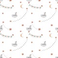 watercolor seamless vintage pattern swan with crown moon stars and garlands. fabulous pattern for children's