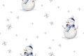 Watercolor seamless wallpaper Christmas pattern with snowman ,tree, snowflakes and branches. Snowman winter snow hand