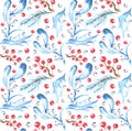 Watercolor seamless winter pattern with berries and blue foliage