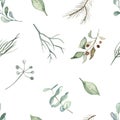 Watercolor seamless winter pattern with Christmas plants, leaves, berries, branches, foliage, spruce branches in green