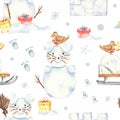 Watercolor seamless winter pattern with snowmen, sleigh, snow fortress. Royalty Free Stock Photo