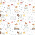 Watercolor seamless winter pattern with snowmen, sleigh, snow fortress. Royalty Free Stock Photo