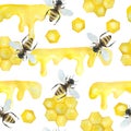 Watercolor seamlesshanddrawn pattern with bumble bees, nature natural insects, summer vibes modern design. Dripping