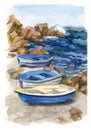Watercolor seascape with boats