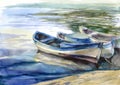 Watercolor seascape with boats