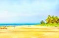 Watercolor seascape. Digital painting - illustration. The shore of the bay. Sea beach, palm trees and bright sand. Watercolor Royalty Free Stock Photo