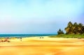 Watercolor seascape. Digital painting - illustration. The shore of the bay. Sea beach, palm trees and bright sand. Watercolor Royalty Free Stock Photo