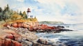 Coastline Watercolor Painting Lighthouse On The United States Coast