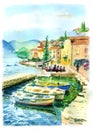 Watercolor seascape. Mediterranean old town, boats and promenade