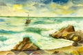 Watercolor seascape original painting colorful of fishing boat Royalty Free Stock Photo