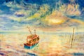 Watercolor seascape original painting colorful of fishing boat Royalty Free Stock Photo