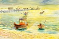 Watercolor seascape original painting colorful of fishing boat Royalty Free Stock Photo